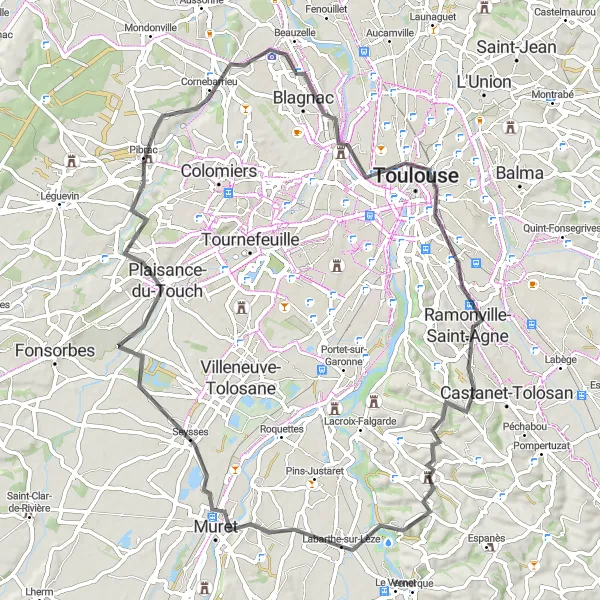Miniaturní mapa "Okružní cesta kolem Labarthe-sur-Lèze" inspirace pro cyklisty v oblasti Midi-Pyrénées, France. Vytvořeno pomocí plánovače tras Tarmacs.app
