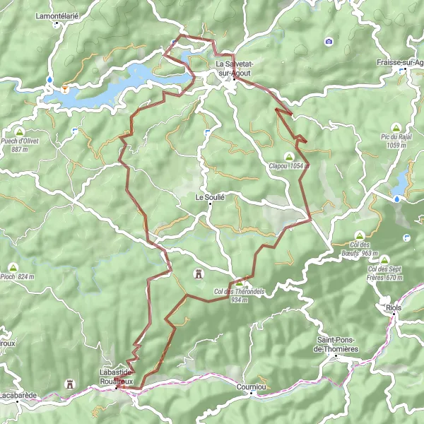 Miniature de la carte de l'inspiration cycliste "La Boucle des Monts du Haut-Languedoc" dans la Midi-Pyrénées, France. Générée par le planificateur d'itinéraire cycliste Tarmacs.app