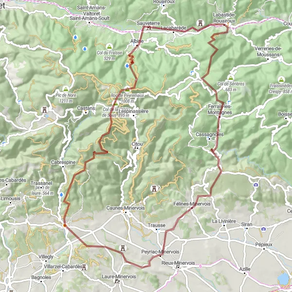 Miniaturní mapa "Gravelová exkurze kolem Labastide-Rouairoux" inspirace pro cyklisty v oblasti Midi-Pyrénées, France. Vytvořeno pomocí plánovače tras Tarmacs.app