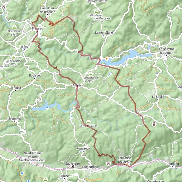 Mapa miniatúra "Gravelový okruh: Kolem Labastide-Rouairoux" cyklistická inšpirácia v Midi-Pyrénées, France. Vygenerované cyklistickým plánovačom trás Tarmacs.app