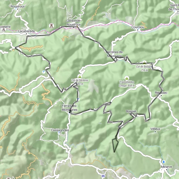 Zemljevid v pomanjšavi "Cestno kolesarjenje - Labastide-Rouairoux Circuit" kolesarske inspiracije v Midi-Pyrénées, France. Generirano z načrtovalcem kolesarskih poti Tarmacs.app