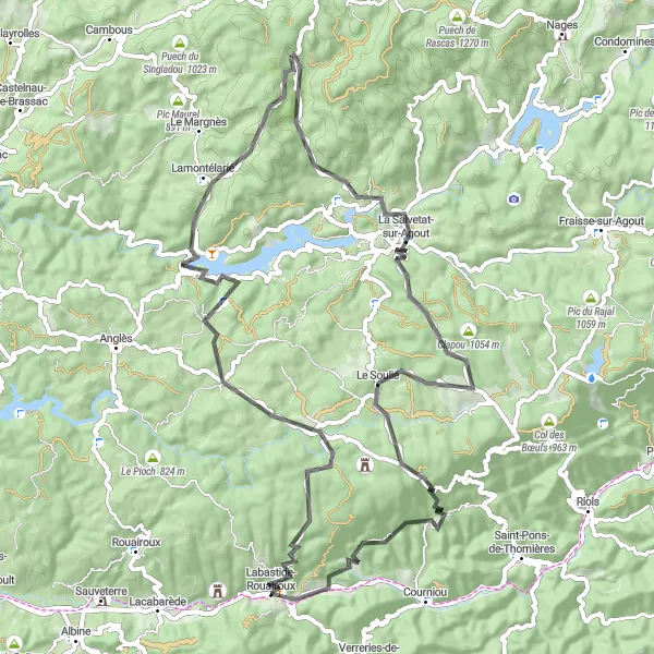 Miniature de la carte de l'inspiration cycliste "La Boucle de l'Agoût" dans la Midi-Pyrénées, France. Générée par le planificateur d'itinéraire cycliste Tarmacs.app