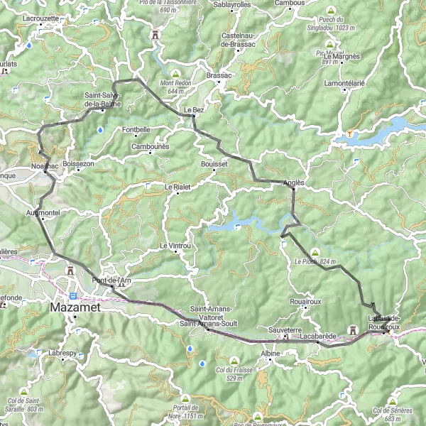 Miniaturní mapa "Road Route Labastide-Rouairoux" inspirace pro cyklisty v oblasti Midi-Pyrénées, France. Vytvořeno pomocí plánovače tras Tarmacs.app