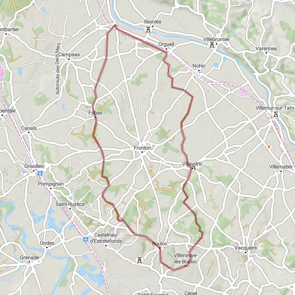 Miniaturní mapa "Trasa gravel kolem Labastide-Saint-Pierre" inspirace pro cyklisty v oblasti Midi-Pyrénées, France. Vytvořeno pomocí plánovače tras Tarmacs.app