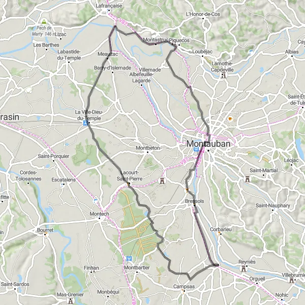 Mapa miniatúra "Okruh na bicykli okolo Labastide-Saint-Pierre" cyklistická inšpirácia v Midi-Pyrénées, France. Vygenerované cyklistickým plánovačom trás Tarmacs.app