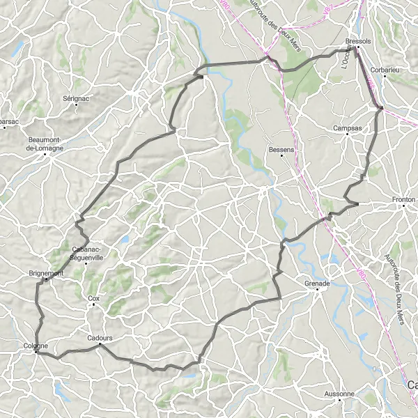 Map miniature of "Grisolles Circuit" cycling inspiration in Midi-Pyrénées, France. Generated by Tarmacs.app cycling route planner