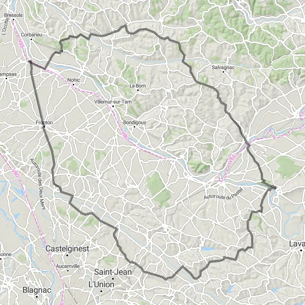 Mapa miniatúra "Výlet na cestných bicykloch od Labastide-Saint-Pierre" cyklistická inšpirácia v Midi-Pyrénées, France. Vygenerované cyklistickým plánovačom trás Tarmacs.app