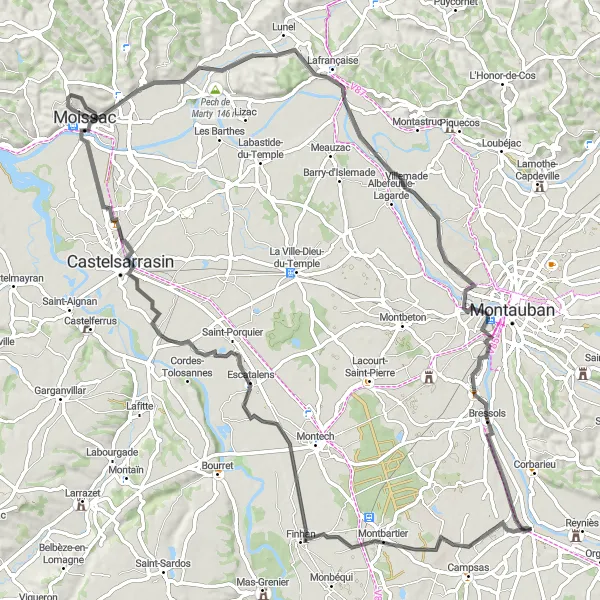 Miniaturní mapa "Cyklotrasa Labastide-Saint-Pierre" inspirace pro cyklisty v oblasti Midi-Pyrénées, France. Vytvořeno pomocí plánovače tras Tarmacs.app