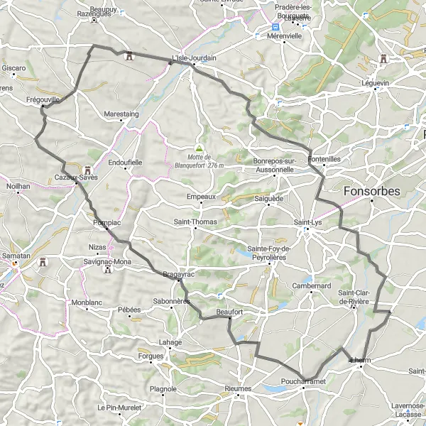 Miniatuurkaart van de fietsinspiratie "Wegtocht naar Fontenilles" in Midi-Pyrénées, France. Gemaakt door de Tarmacs.app fietsrouteplanner