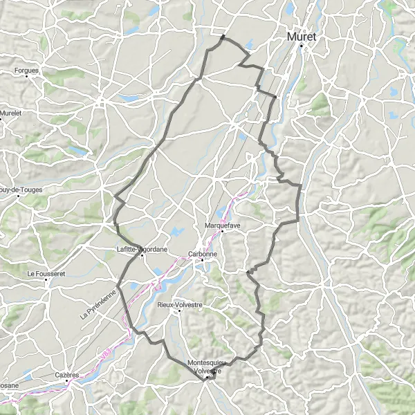 Miniature de la carte de l'inspiration cycliste "Randonnée jusqu'à Saint-Élix-le-Château" dans la Midi-Pyrénées, France. Générée par le planificateur d'itinéraire cycliste Tarmacs.app