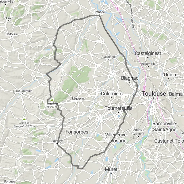 Zemljevid v pomanjšavi "Labastidette - Pujaudran - Cugnaux" kolesarske inspiracije v Midi-Pyrénées, France. Generirano z načrtovalcem kolesarskih poti Tarmacs.app