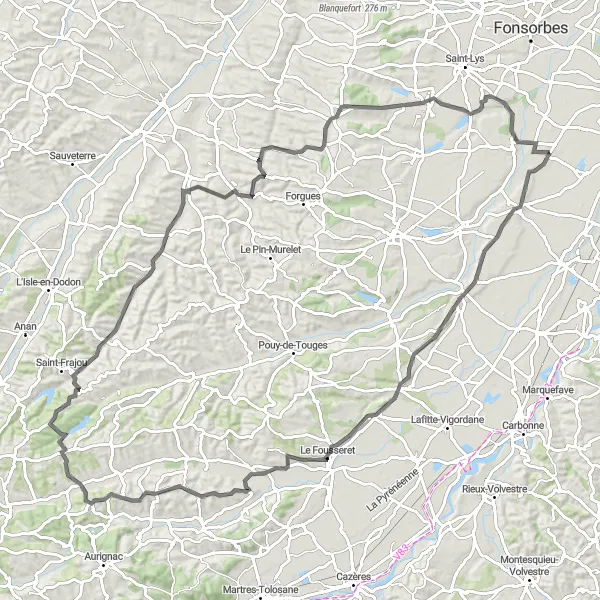 Miniatua del mapa de inspiración ciclista "Ruta de ciclismo de carretera a través de Labastidette" en Midi-Pyrénées, France. Generado por Tarmacs.app planificador de rutas ciclistas