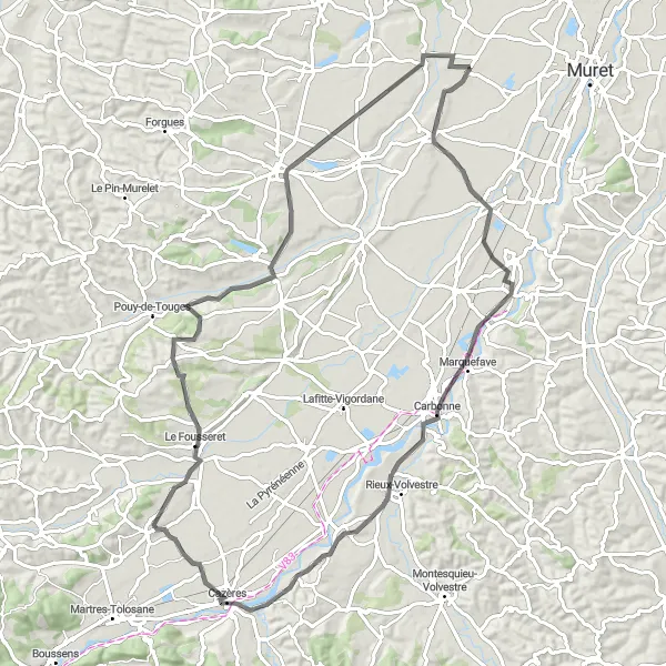 Miniature de la carte de l'inspiration cycliste "Boucle de la Vallée de la Garonne" dans la Midi-Pyrénées, France. Générée par le planificateur d'itinéraire cycliste Tarmacs.app