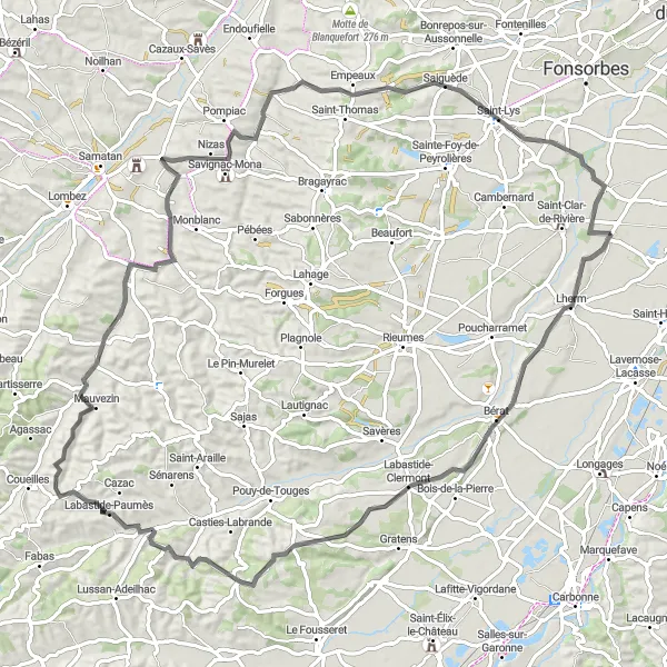 Mapa miniatúra "Skryté poklady cez Sauvimont a Lamasquère" cyklistická inšpirácia v Midi-Pyrénées, France. Vygenerované cyklistickým plánovačom trás Tarmacs.app