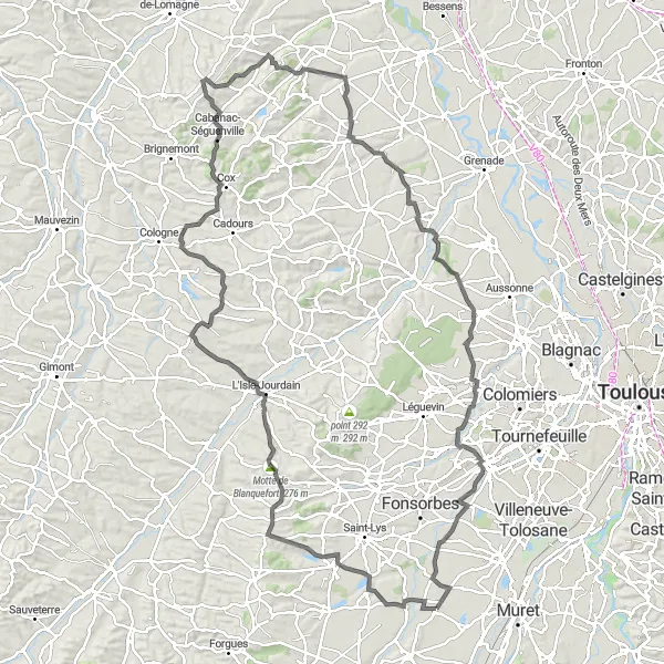 Kartminiatyr av "Panoramic Journey to Pibrac" cykelinspiration i Midi-Pyrénées, France. Genererad av Tarmacs.app cykelruttplanerare