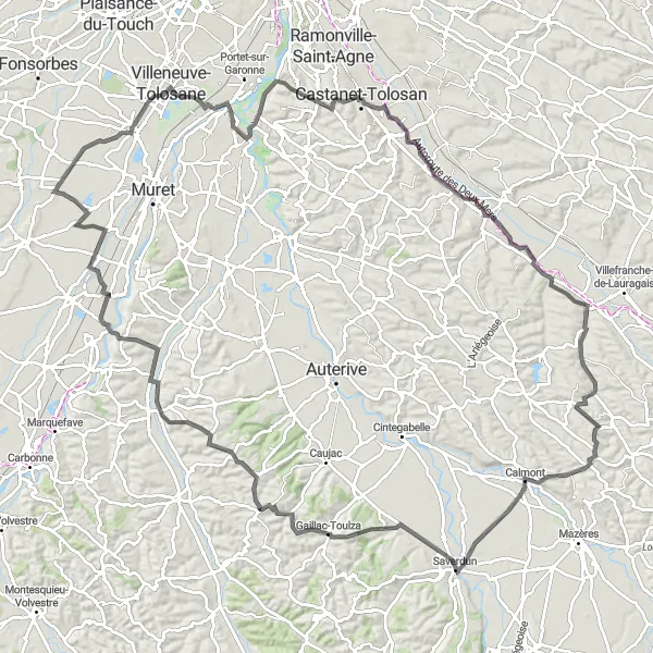Karttaminiaatyyri "131 km-tien pyöräilyreitti kohti Castanet-Tolosania" pyöräilyinspiraatiosta alueella Midi-Pyrénées, France. Luotu Tarmacs.app pyöräilyreittisuunnittelijalla