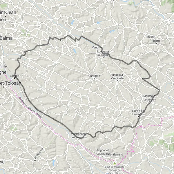 Kartminiatyr av "Labège till Drémil-Lafage via Vendine och Aguts" cykelinspiration i Midi-Pyrénées, France. Genererad av Tarmacs.app cykelruttplanerare
