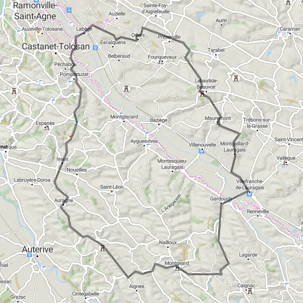 Karttaminiaatyyri "Lauragais Circuit Road Cycling Route" pyöräilyinspiraatiosta alueella Midi-Pyrénées, France. Luotu Tarmacs.app pyöräilyreittisuunnittelijalla