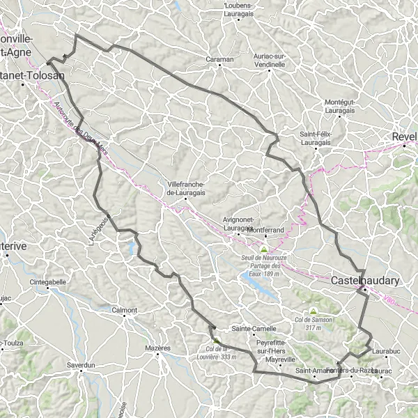 Miniatuurkaart van de fietsinspiratie "Fietsroute met 1085m klimmen over 132 km vanaf Labège" in Midi-Pyrénées, France. Gemaakt door de Tarmacs.app fietsrouteplanner