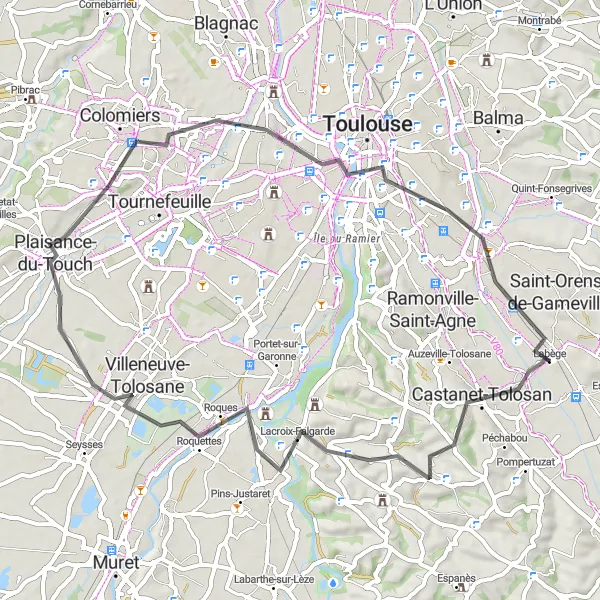 Kartminiatyr av "Labège till Pinsaguel via Plaisance-du-Touch och Canal de Brienne" cykelinspiration i Midi-Pyrénées, France. Genererad av Tarmacs.app cykelruttplanerare