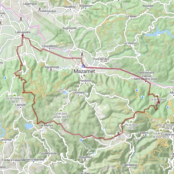 Map miniature of "Labruguière - Mazamet - Pic de Nore Loop" cycling inspiration in Midi-Pyrénées, France. Generated by Tarmacs.app cycling route planner