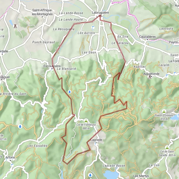 Miniature de la carte de l'inspiration cycliste "Aventure en Gravel à Labruguière" dans la Midi-Pyrénées, France. Générée par le planificateur d'itinéraire cycliste Tarmacs.app