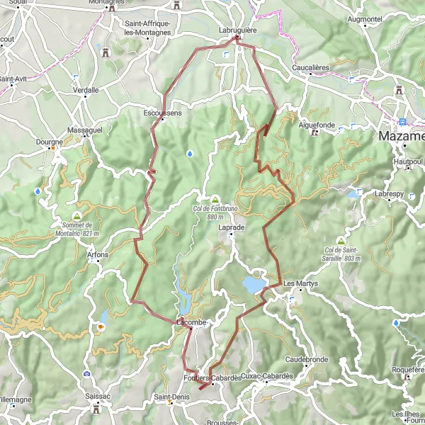 Map miniature of "The Lacombe Gravel Adventure" cycling inspiration in Midi-Pyrénées, France. Generated by Tarmacs.app cycling route planner