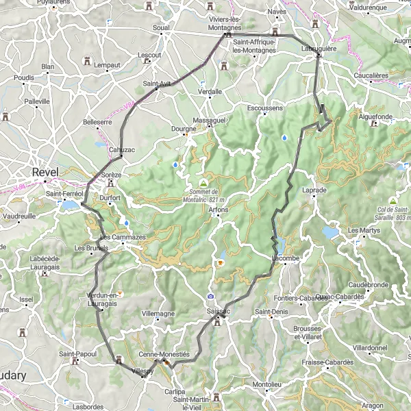 Miniature de la carte de l'inspiration cycliste "Les Collines du Lauragais" dans la Midi-Pyrénées, France. Générée par le planificateur d'itinéraire cycliste Tarmacs.app