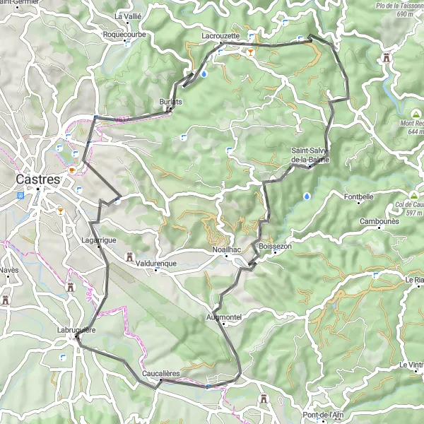 Mapa miniatúra "Trasa Château du Causse - Burlats - Lacrouzette - Table d'orientation - Saint-Salvy-de-la-Balme - Puech du Fau - Payrin-Augmontel" cyklistická inšpirácia v Midi-Pyrénées, France. Vygenerované cyklistickým plánovačom trás Tarmacs.app
