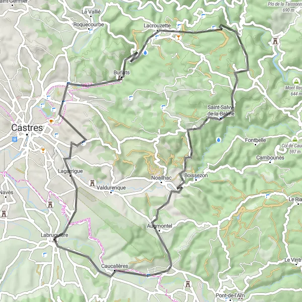 Miniatuurkaart van de fietsinspiratie "Historische kastelen en panoramisch uitzicht" in Midi-Pyrénées, France. Gemaakt door de Tarmacs.app fietsrouteplanner