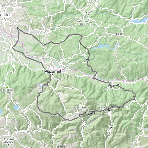 Miniatua del mapa de inspiración ciclista "Aventura en Carretera por Valdurenque y Col de Salettes" en Midi-Pyrénées, France. Generado por Tarmacs.app planificador de rutas ciclistas