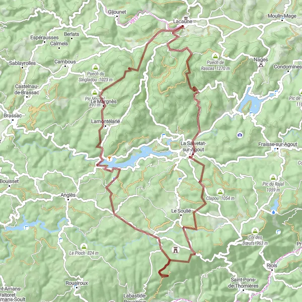 Map miniature of "Exploring Scenic Gravel Routes near Lacaune" cycling inspiration in Midi-Pyrénées, France. Generated by Tarmacs.app cycling route planner