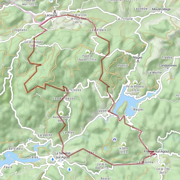 Miniaturní mapa "Gravel Route to Sommet du Laouzetto and Col de la Frajure" inspirace pro cyklisty v oblasti Midi-Pyrénées, France. Vytvořeno pomocí plánovače tras Tarmacs.app