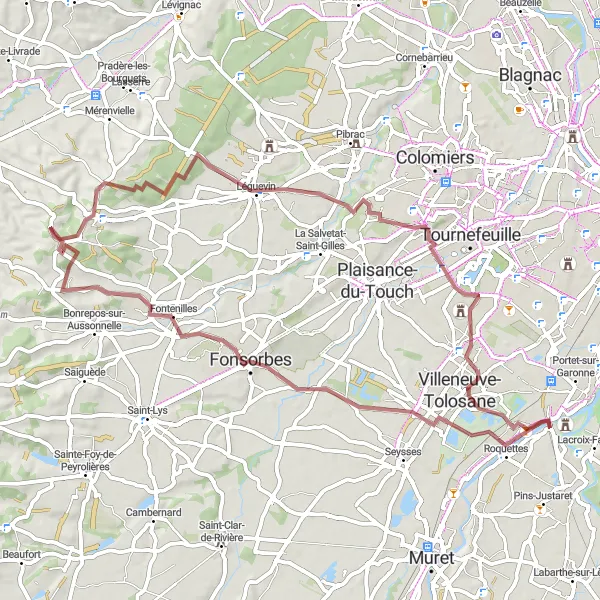 Miniaturní mapa "Gravelová cesta kolem Fonsorbes a Léguevin" inspirace pro cyklisty v oblasti Midi-Pyrénées, France. Vytvořeno pomocí plánovače tras Tarmacs.app