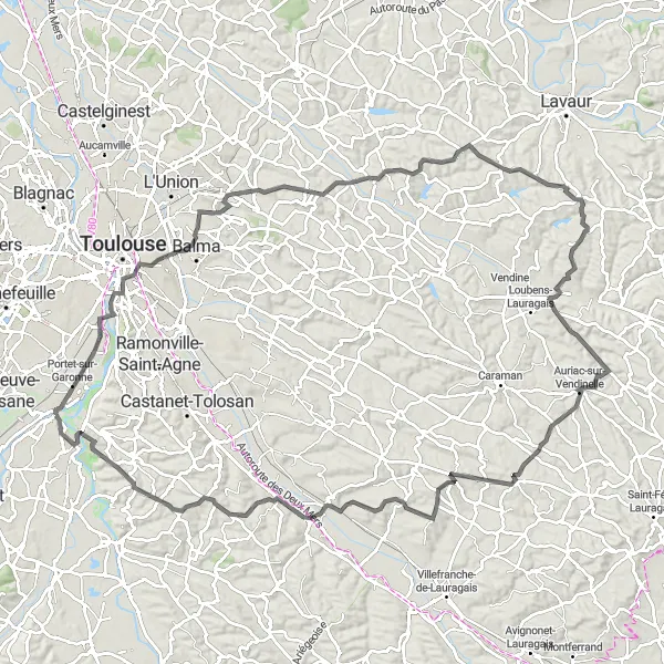 Miniaturní mapa "Kruhová cyklistická trasa Toit-terrasse des Galeries Lafayette - Lacroix-Falgarde" inspirace pro cyklisty v oblasti Midi-Pyrénées, France. Vytvořeno pomocí plánovače tras Tarmacs.app
