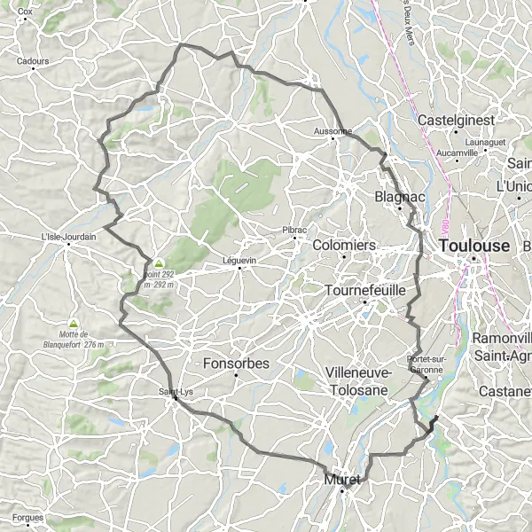 Zemljevid v pomanjšavi "Pustolovščina med Saubens in Portet-sur-Garonne" kolesarske inspiracije v Midi-Pyrénées, France. Generirano z načrtovalcem kolesarskih poti Tarmacs.app