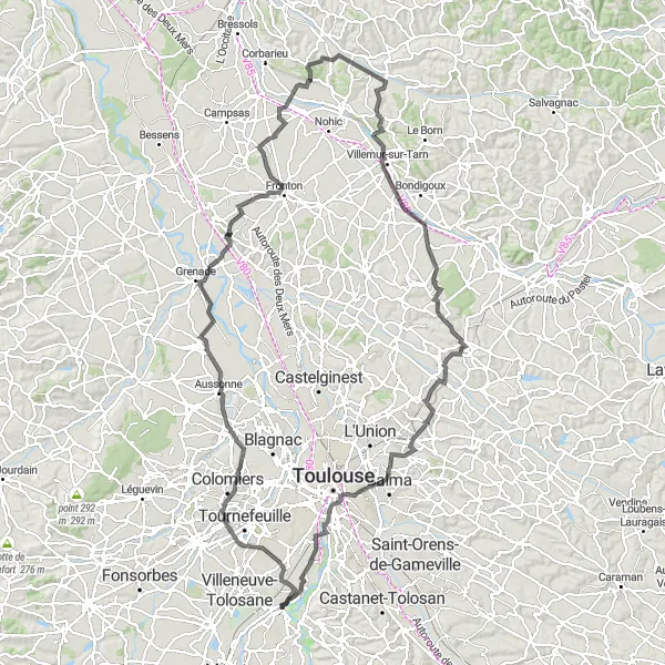 Karten-Miniaturansicht der Radinspiration "Epische Rundfahrt durch die Region um Lacroix-Falgarde" in Midi-Pyrénées, France. Erstellt vom Tarmacs.app-Routenplaner für Radtouren