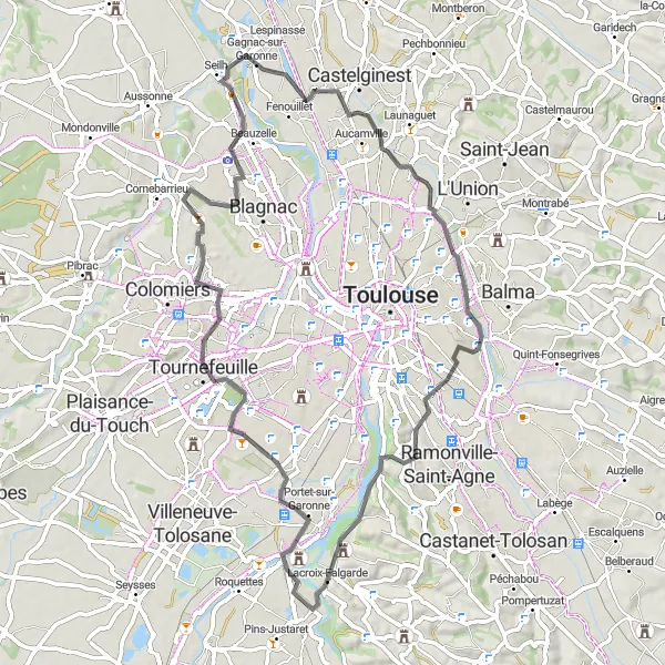 Kartminiatyr av "Toulouse til Lacroix-Falgarde" sykkelinspirasjon i Midi-Pyrénées, France. Generert av Tarmacs.app sykkelrutoplanlegger