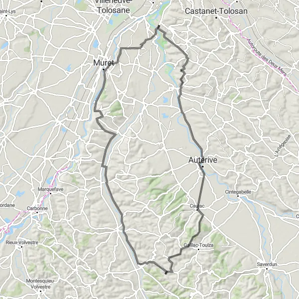 Zemljevid v pomanjšavi "Kolesarska pot skozi Grépiac, Caujac, Saint-Ybars" kolesarske inspiracije v Midi-Pyrénées, France. Generirano z načrtovalcem kolesarskih poti Tarmacs.app