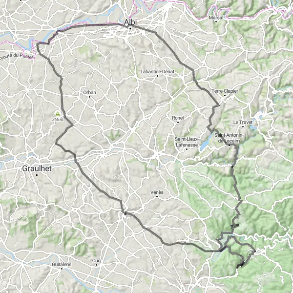 Map miniature of "Discovering the Charm of Midi-Pyrénées" cycling inspiration in Midi-Pyrénées, France. Generated by Tarmacs.app cycling route planner