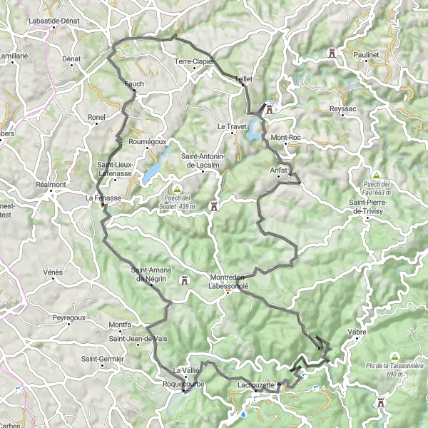 Miniature de la carte de l'inspiration cycliste "Tour de Lacrouzette via Roquecourbe and Montredon-Labessonnié" dans la Midi-Pyrénées, France. Générée par le planificateur d'itinéraire cycliste Tarmacs.app