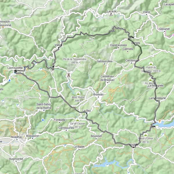 Miniature de la carte de l'inspiration cycliste "Parcours panoramique vers Lacrouzette via Vabre et Col de la Tranchée" dans la Midi-Pyrénées, France. Générée par le planificateur d'itinéraire cycliste Tarmacs.app