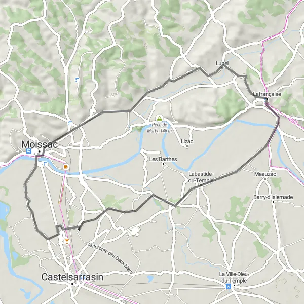 Map miniature of "Labastide-du-Temple and Lembenne Loop" cycling inspiration in Midi-Pyrénées, France. Generated by Tarmacs.app cycling route planner