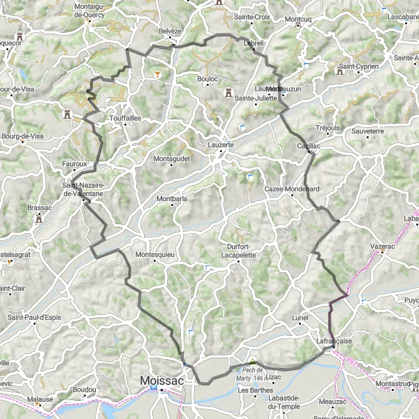 Kartminiatyr av "Lafrançaise til Belvèze via Viarose og Lizac" sykkelinspirasjon i Midi-Pyrénées, France. Generert av Tarmacs.app sykkelrutoplanlegger