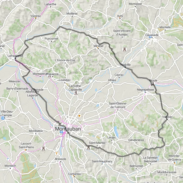 Mapa miniatúra "Jazda s výhľadmi na Réalville a Villemade" cyklistická inšpirácia v Midi-Pyrénées, France. Vygenerované cyklistickým plánovačom trás Tarmacs.app