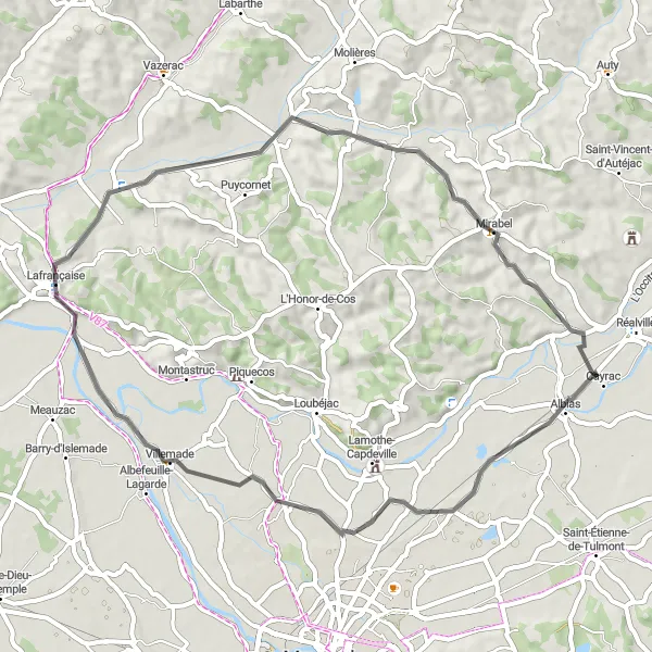 Zemljevid v pomanjšavi "Krožna trasa skozi Albias" kolesarske inspiracije v Midi-Pyrénées, France. Generirano z načrtovalcem kolesarskih poti Tarmacs.app