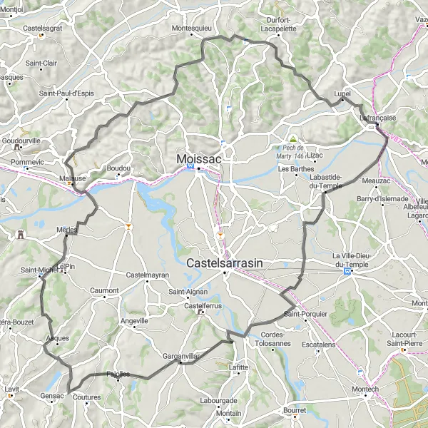 Kartminiatyr av "Landsbygdsopplevelse til Lunel" sykkelinspirasjon i Midi-Pyrénées, France. Generert av Tarmacs.app sykkelrutoplanlegger