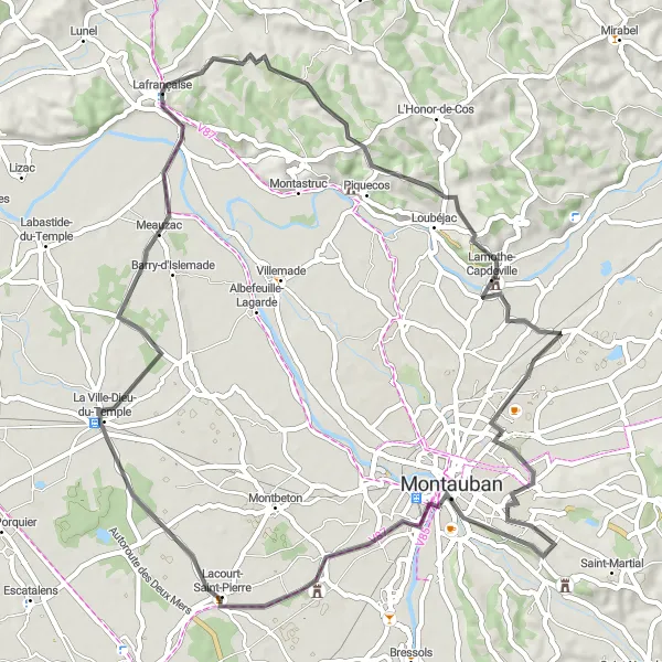 Miniature de la carte de l'inspiration cycliste "Boucle vers Piquecos et Montauban" dans la Midi-Pyrénées, France. Générée par le planificateur d'itinéraire cycliste Tarmacs.app