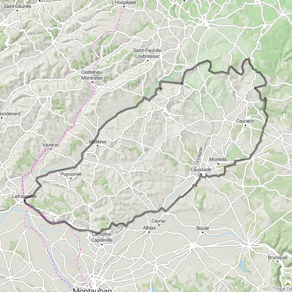 Miniaturní mapa "Výlet kolem Sainte-Arthémie a Septfonds" inspirace pro cyklisty v oblasti Midi-Pyrénées, France. Vytvořeno pomocí plánovače tras Tarmacs.app