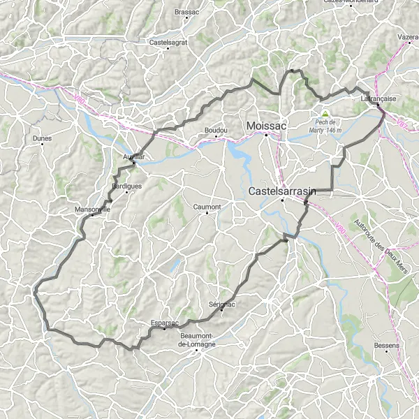 Miniaturní mapa "Kolo okolo Lafrançaise" inspirace pro cyklisty v oblasti Midi-Pyrénées, France. Vytvořeno pomocí plánovače tras Tarmacs.app